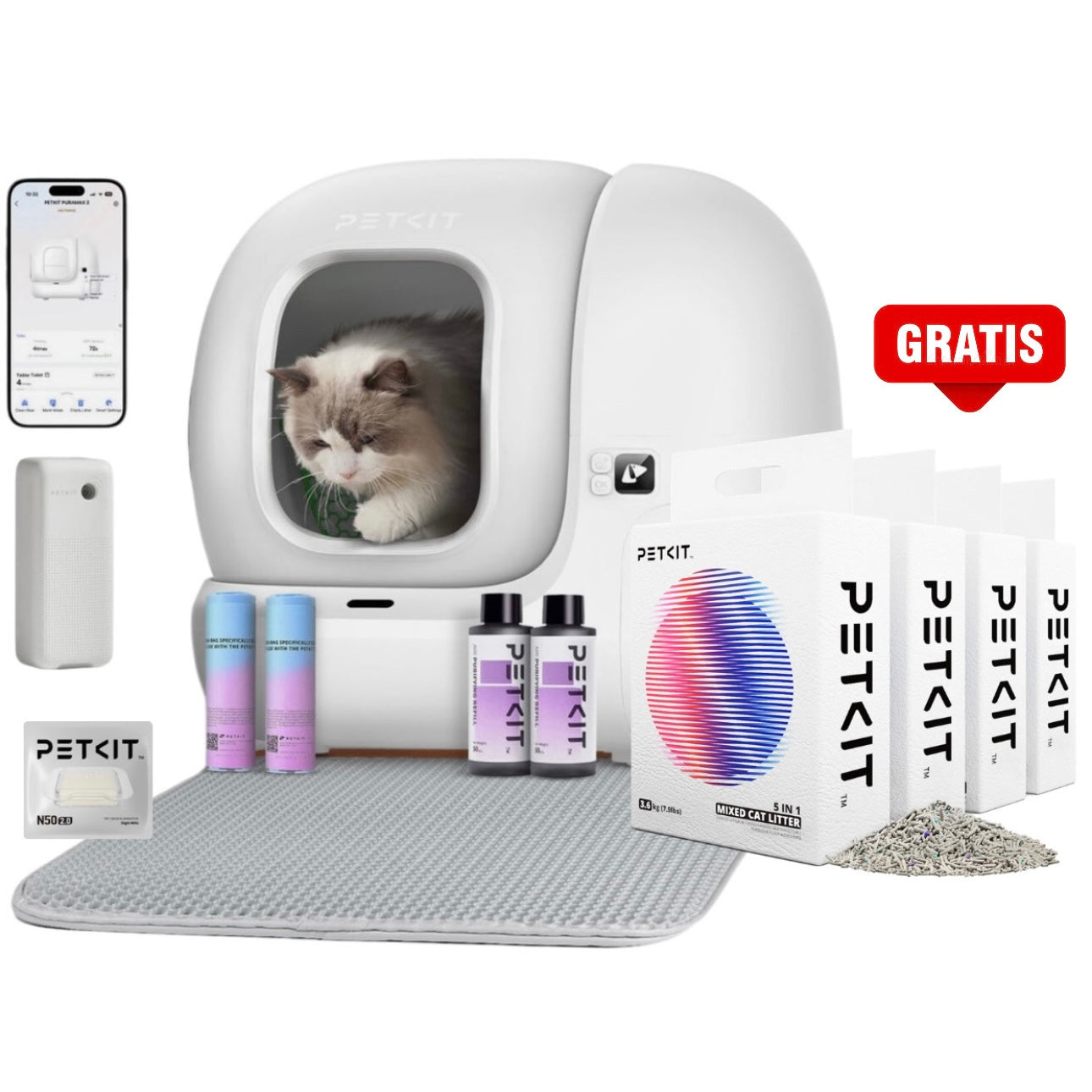 PURAMAX 2 Premium - Selbstreinigende Katzentoilette mit PURA Air + 4x Katzenstreu GRATIS